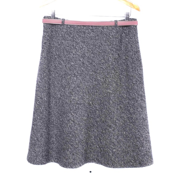 POLECI Black & Cream Tweed Wool A-Line Belted Skirt - Picture 2 of 4